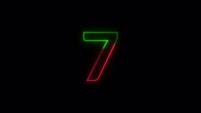 Neon number seven glows with vibrant green and red light against a stark black background, 