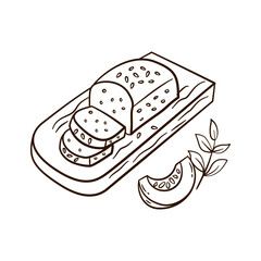 Pumpkin pie bread hand drawn doodle illustration.Slices of thanksgiving bread served with slice of pumpkin and leaves decoration. 