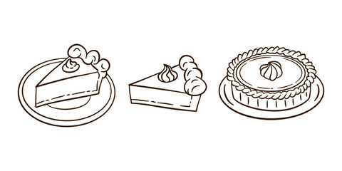 Pumpkin pie cake hand drawn illustration collection. Set of a slice of thanksgiving cake doodle clip art vector. 