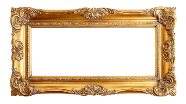 vintage antique gold frame rectangular on transparent background