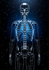 Abstract medical art of a transparent glass skeleton. 3D render showing the internal bone structure on a dark, glowing background.