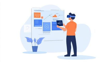 Person wearing vr headset interacting with a digital interface.