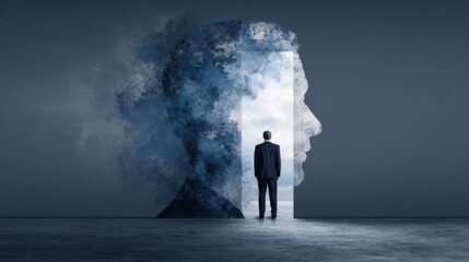 A businessman stands in front of a doorway that transforms into a human silhouette made of clouds, symbolizing exploration and innovation in thought.
