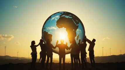 Silhouettes of people holding hands, a globe with sun rays and long shadows, symbolizing unity, connection, teamwork, partnership, collaboration. 4k video - Powered by Adobe