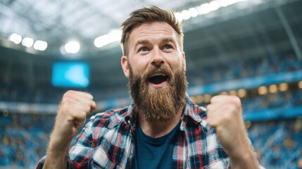 A man with a beard and plaid shirt cheers joyfully, raising his fists in excitement during a thrilling match in a vibrant stadium filled with fans.