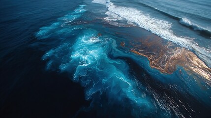 Oil spills in the ocean with dark slicks damaging wildlife and coasts, perfect for environmental disaster, pollution, and cleanup themes