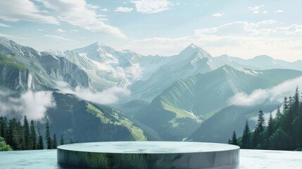 Elevated podium display surrounded by breathtaking mountain vistas at dawn