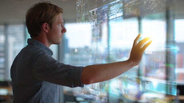 A man is engaged in a digital interaction, reaching out to a transparent display filled with colorful media content. The bright, contemporary office enhances the futuristic feel of the moment.
