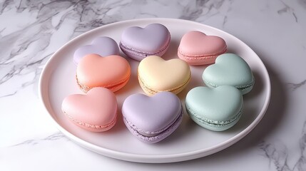 Fototapeta premium Colorful Heart-Shaped Macarons Displayed on a Round Plate