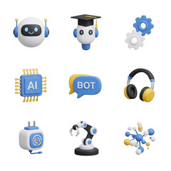 3d set of ai and technology icons isolated on transparent background
