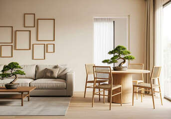 Fototapeta premium Modern living room with dining area and bonsai trees