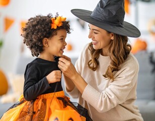 Mother and daughter in Halloween costumes preparing for trick-or-treating.
