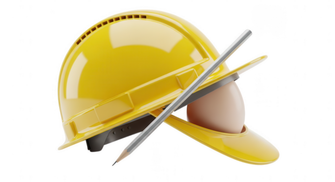 Yellow hard hat and crossed pencils isolated on transparent background