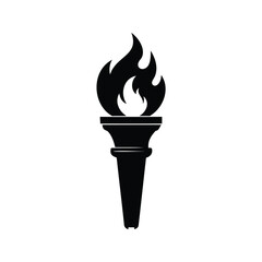 A striking black and white image of a classical torch with flame, torch flame icon silhouette vector illustration