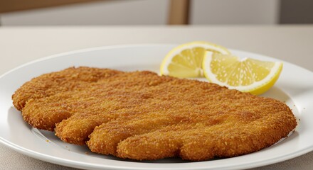 Close up of a breaded cutlet on a white plate with lemon wedges ready to be served for dinner
