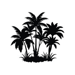Silhouette illustration of a tropical palm tree grove on a white background, tropical plant group silhouette vector illustration