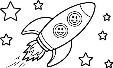 Cute Black and White Rocket Ship and Planets Space Illustration