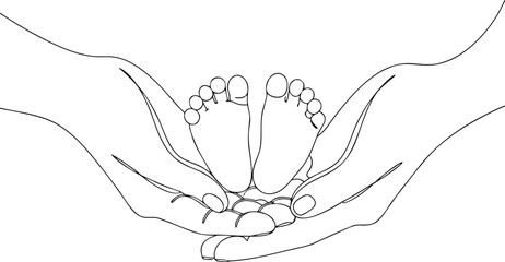 Baby feet in hands line art drawing