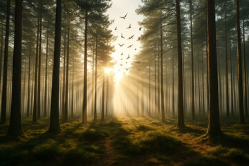 Fototapeta premium Misty pine forest with sunlight rays and flock of birds