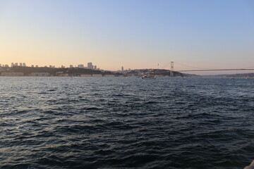 Istanbul Bosphorus sunset view. Bosphorus and July 15 Martyrs Bridge.