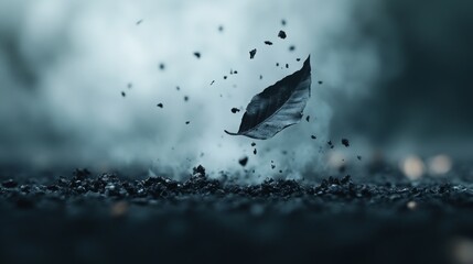 Burnt Leaf Floating with Ash Particles and Smoke Haze