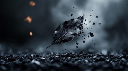 Charred Leaf Disintegrating in Midair over Ash
