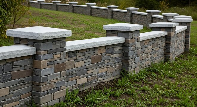 Curved Stone Retaining Wall with Pillars.