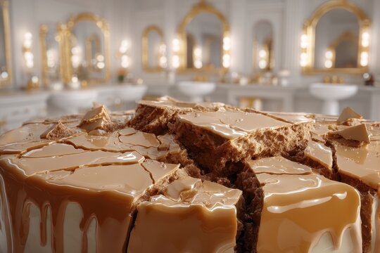 A broken caramel cake with dripping frosting in a lavish bathroom.