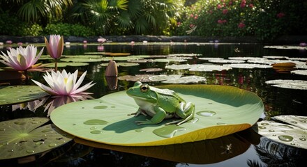 Fototapeta premium Green Frog Sitting on Lily Pad in a Pond with Water Lilies