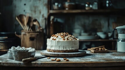 Delicious Creamy Cake with Nuts on Wooden Table in Rustic Kitchen