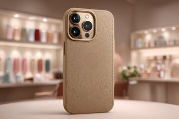 Textured golden leather smartphone case with modern design and camera system.