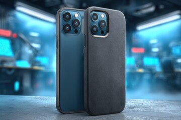 Blue smartphone and dark protective case in a sleek high-tech setting.