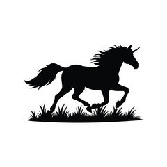 Majestic unicorn silhouette running free across a grassy field on a white backdrop, unicorn running through meadow silhouette vector illustration