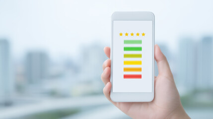 Hand holding smartphone showing colorful rating bars with five yellow stars on screen, symbolizing positive feedback and evaluation