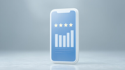 Smartphone with feedback data and star rating on screen showing positive evaluation and growth in blue background