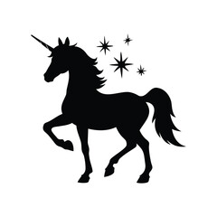 Black silhouette of a majestic unicorn with magical stars around it, unicorn with sparkles silhouette vector illustration