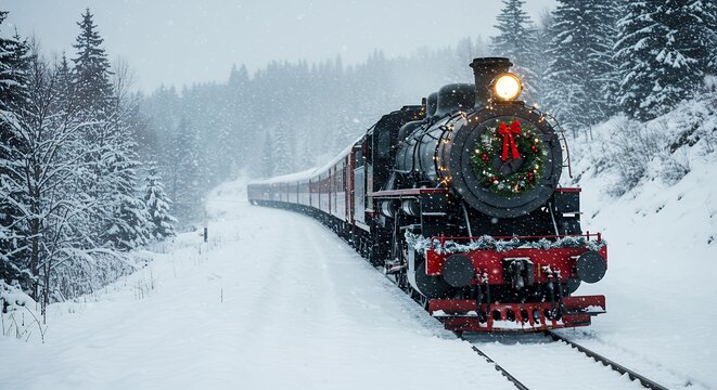 Vintage steam train through snowy winter landscape