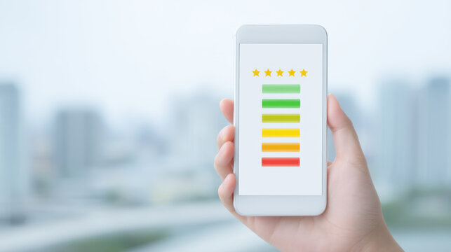 Hand holding smartphone showing colorful rating bars with five yellow stars on screen, symbolizing positive feedback and evaluation