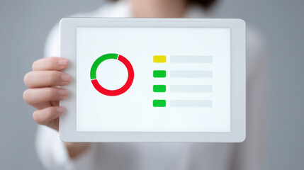 Digital tablet showing colorful pie chart and progress bars held by person with blurred background