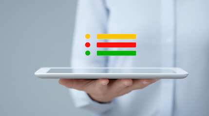 Hand holding tablet with colorful digital checklist icons floating above, symbolizing organization and productivity