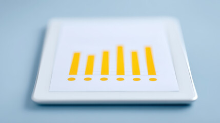 Bar chart printed on paper placed on white tablet with blue background showing data visualization and analysis
