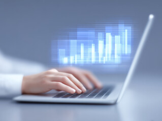Hands typing on laptop keyboard with digital bar chart overlay showing business growth and data analysis concept