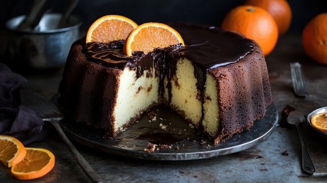 Chocolate glazed orange cake with sliced oranges on a dark background