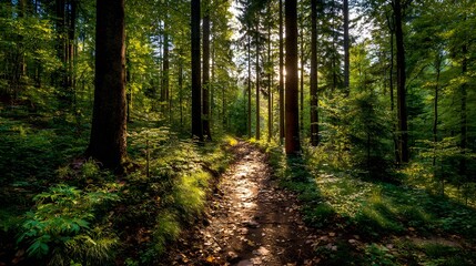 Obraz premium Misty Forest Path with Sunlight and Lush Green Trees Tranquil Nature stock photo
