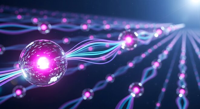 Striking abstract AI neural network visualization with luminous purple and pink nodes, symbolizing advanced machine learning and intricate data processing on a sophisticated dark backdrop.