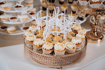 Elegant dessert table with assorted mini cakes and creamy cupcakes at festive event