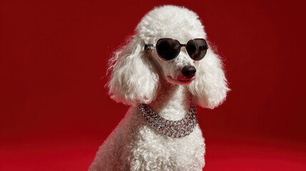 A fashionable poodle sits confidently, showcasing its curly white fur. Donning sleek sunglasses and a statement necklace, this dog exudes charm and personality against a striking red backdrop.