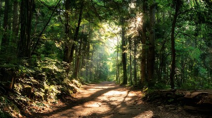 Obraz premium Misty Forest Path with Sunlight and Lush Green Trees Tranquil Nature stock photo