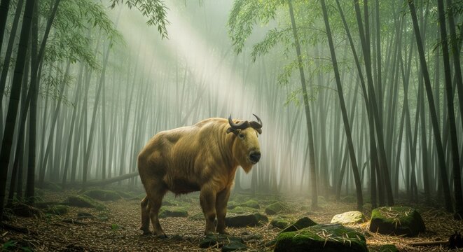 Golden Takin in Misty Bamboo Forest, Wildlife Photography