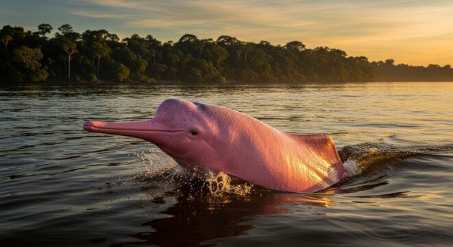Stunning Pink River Dolphin (Inia geoffrensis) Emerging from Amazon River at Sunset